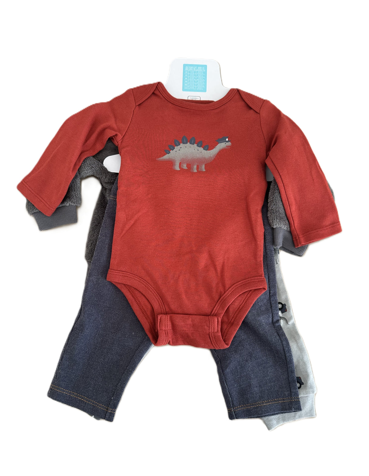 Ensemble bébé rouge : body manches longues imprimé dinosaure et pantalon bleu