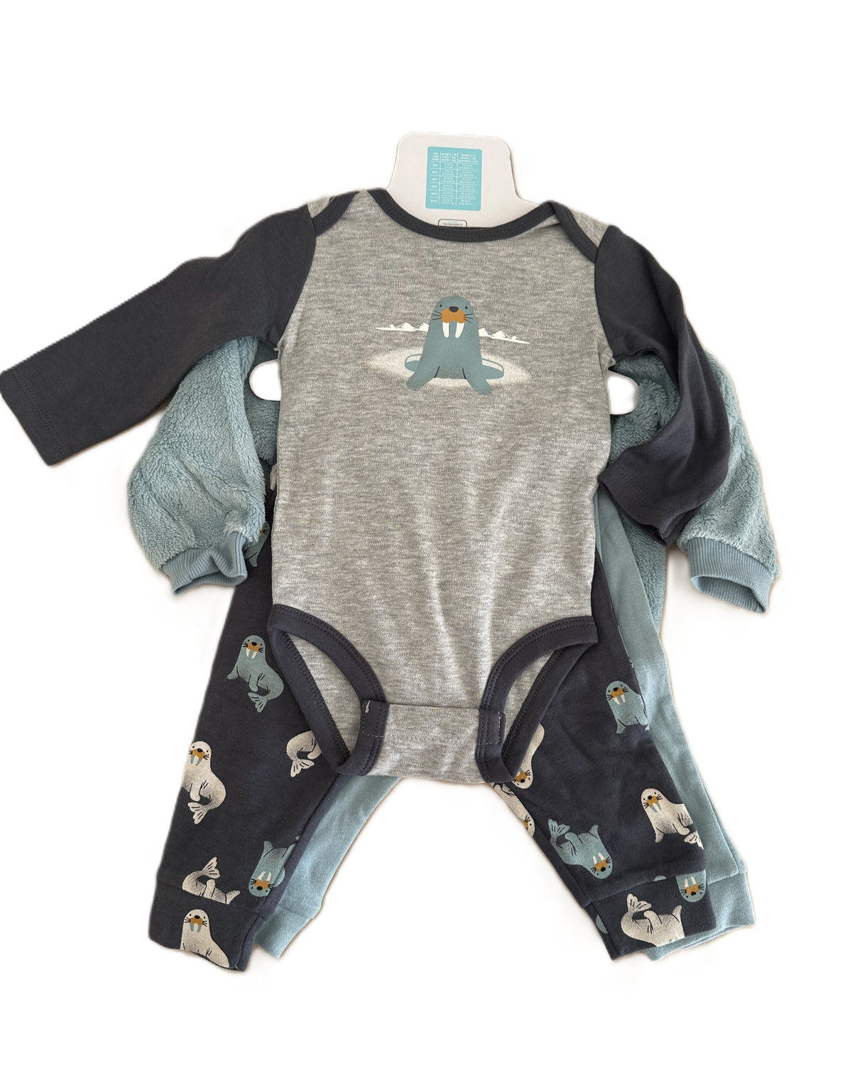 Ensemble bébé : body manches longues gris chiné à motif morse, pantalon à motifs
