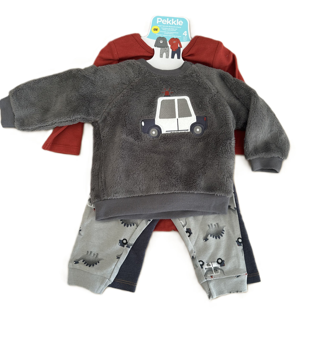 Ensemble bébé gris : pull moelleux imprimé voiture et pantalon clair à motifs