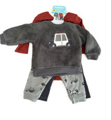 Ensemble bébé gris : pull moelleux imprimé voiture et pantalon clair à motifs