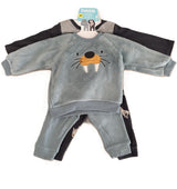 Ensemble bébé : pull gris bleu à motif morse, manches raglan noires, bas sombre