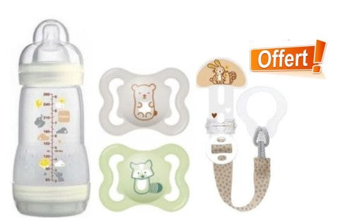Kit Biberon MAM anticolic 260 ml rose + 2 sucettes Air 0-6 M + attache sucette offert