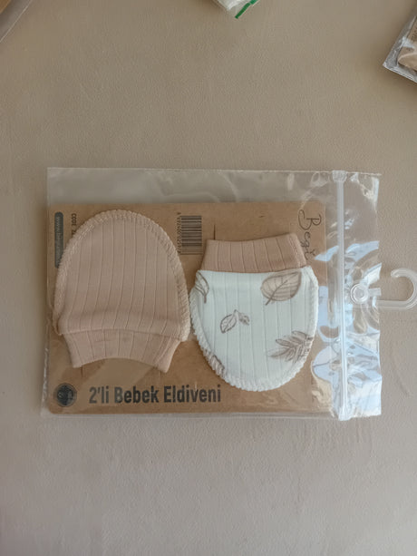 Moufles bébé en tricot beige avec motifs feuilles, lot de 2 paires