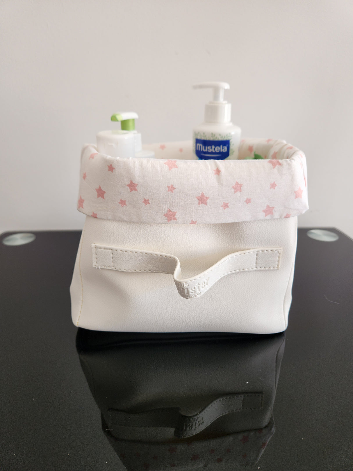 Panier blanc cassé carré étoile rose