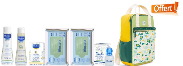 Pack Mustela Sac à dos Pastel offert : LAIT TOIL 200ML + SHAMP BB 200ML + SAVON 100GR + 2 LINGETTES + parfum Musti
