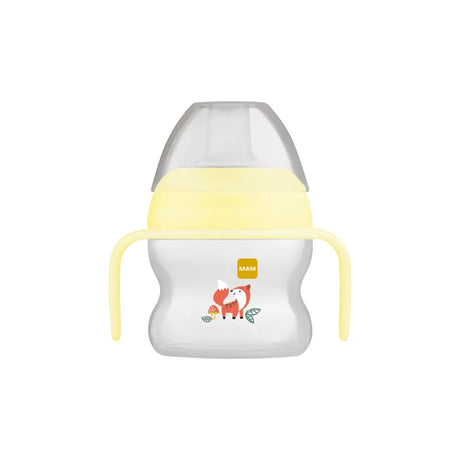 Tasse à bec souple MAM jaune en plastique transparent, poignées