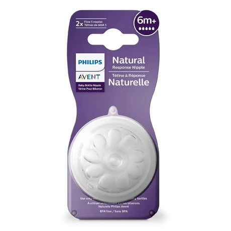 Lot de 2 tétines Avent Natural Response 6m+, débit 5, silicone transparent